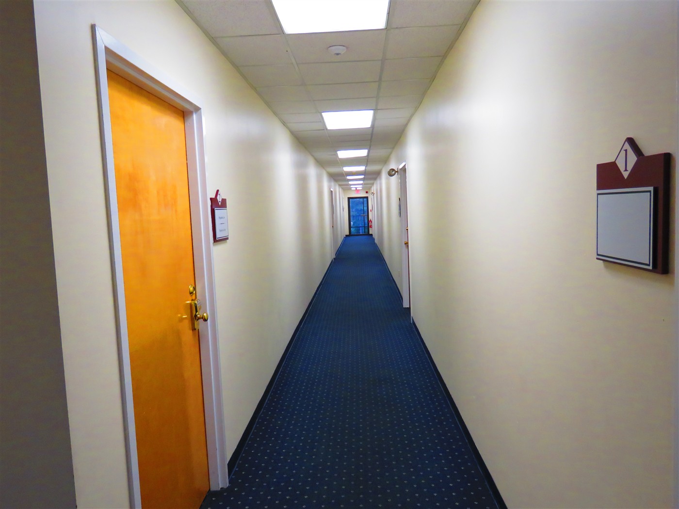 Interior hallway with blue carpeting and office doors.
